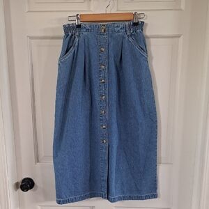 GV Blue Jeans Vintage Denim Jean Button-Front Elasic Waist Comfy Midi Maxi Skirt